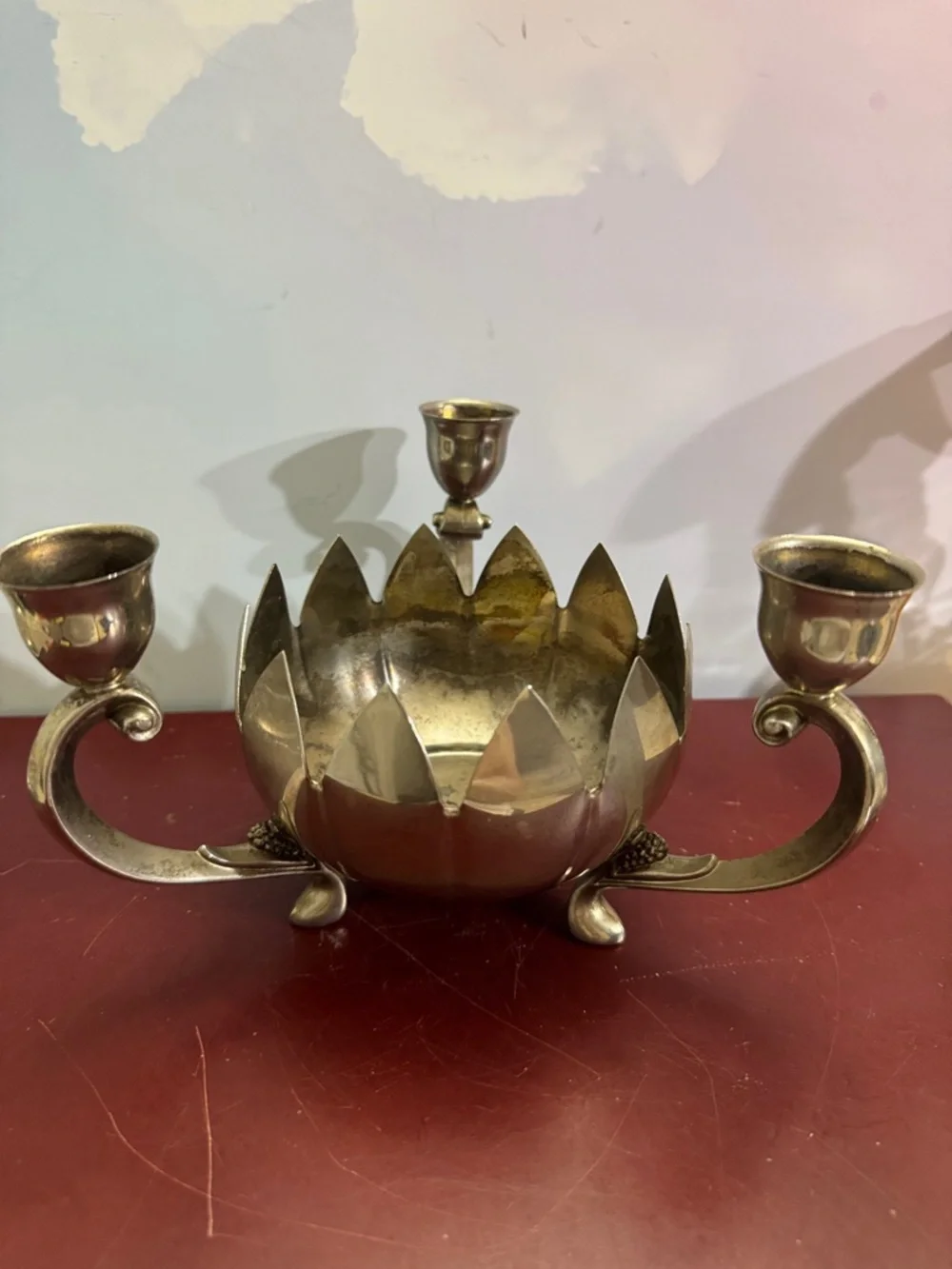 Vintage Lotus Bowl  Candle Holder/Floral Frog Triple Footed